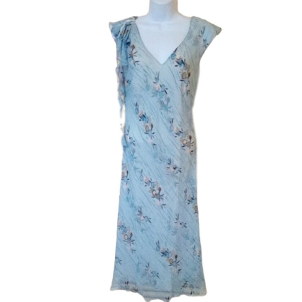 Silvery Blue Floral Silk Dress Size 8  ---